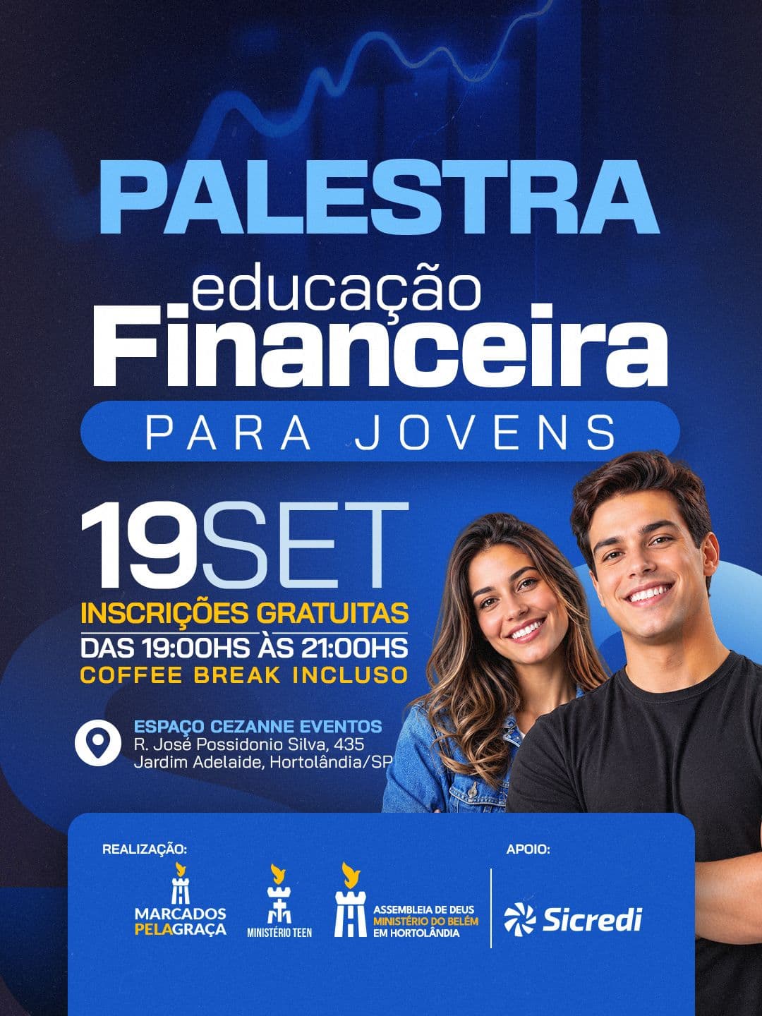Cartaz do evento: Palestra Educação Financeira para jovens. 19 de setembro de 2026, 19h às 21h. Espaço Cezanne Eventos, Hortolândia/SP. Inscrições gratuitas, Coffee break incluso.